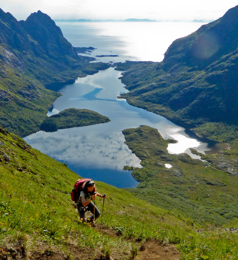 Ruth climbing a high pass on the Lofoten Islands